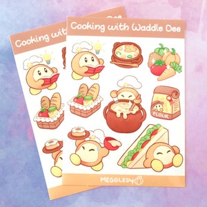 May include: A set of 10 stickers featuring a pink and brown character with a chef's hat, cooking various foods. The stickers say "Cooking with Waddle Dee" and "Megglesy".