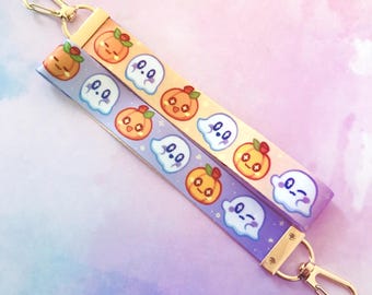 Pumpkin & Ghosts Fabric Lanyard Wristlet | Kawaii Key Holder