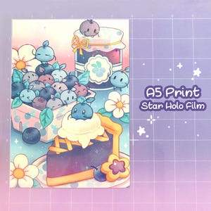 May include: A5 print on Star Holo Film featuring a whimsical illustration of blueberries, a blueberry pie slice, and a jar of jam. The artwork has a soft color palette with a purple grid background and the text "A5 Print Star Holo Film".