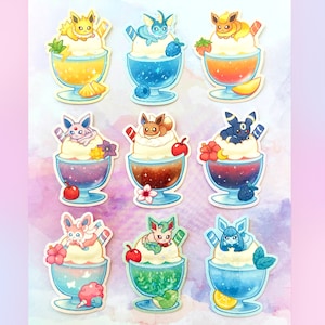 Eeveelution Ice Cream Floats | 3&quot; Holographic Sparkle Vinyl Stickers | PKMN | Waterproof | Food + Drink Pastel Aesthetic Holo Anime Cute