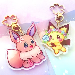 Floral Eevee & Pichu || 2.5&quot; + 2&quot; Double Sided Acrylic Charm || PKMN Spring themed flower keychains for bags backpacks