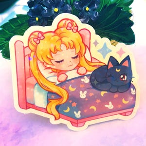 Usagi and Luna || 2.5&quot; Holo Sparkle Vinyl Sticker || Kawaii Anime Magical Girl Black Cat Waterproof Stickers Pastel Aesthetic Cartoon