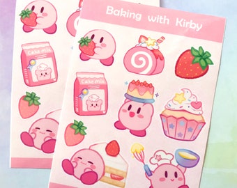 Baking With Kirby || A6 Vinyl Sticker Sheet || Pastel Pink || Waterproof || Handmade