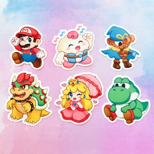 May include: Set of six colorful cartoon character stickers featuring Mario, Peach, Bowser, Yoshi, a pink character with a blue dress, and a brown character with a blue hat and a wand.