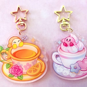 Kirby Cappuccino + Waddle Dee Citrus Tea || 2.5&quot; Double Sided Acrylic Charms || Pastel || Coffee Tea Drink || Cute Accessory || Keychain