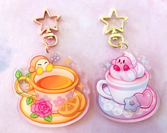 Kirby Cappuccino + Waddle Dee Citrus Tea || 2.5&quot; Double Sided Acrylic Charms || Pastel || Coffee Tea Drink || Cute Accessory || Keychain