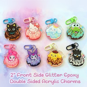 Kitty and Friends Donuts || 2&quot; Double Sided Front Side Glitter Epoxy Acrylic Charm | cute animal doughnut matching friendship charms