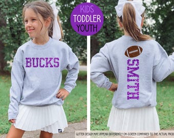 Felpa con nome personalizzato per la squadra dei giovani, maglietta da calcio glitterata per bambini, girocollo con mascotte, regalo per bambini, idea regalo di Natale, spirito scolastico, cheerleader
