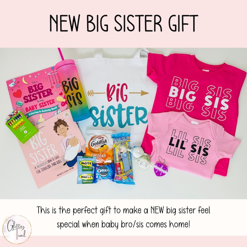 Gepersonaliseerde grote zus geschenkdoos gepromoveerd tot grote zus draagtas aangepaste naam beker Nieuwe broer/zus aandenken nieuwe babybinding overgangscadeauset afbeelding 1