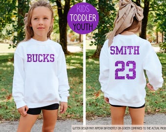 Youth Custom Team Name Sweatshirt Toddler Glitter Football Shirt Mascot Crewneck Gift for Kids Christmas Gift Idea School Spirit Cheer Crew