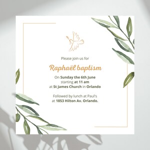 Invitation card for baptism, christening and 1st communion, printable square invite file