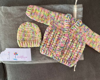 A Handmade crochet Baby cardigan and Hat 0-3 months / in Hand dye yarn / Fun colours/ Yarn is wildflower/ squishy and soft/ baby gift cutest