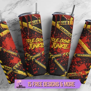 20oz Skinny Tumbler True Crime Junkie PNG Wrap, Halloween Blood Splatter Sublimation Design PNG, True Crime Blood Drip Digital Download