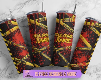 Copo magro de 20 onças True Crime Junkie PNG Wrap, design de sublimação de respingos de sangue de Halloween PNG, download digital de gotejamento de sangue True Crime