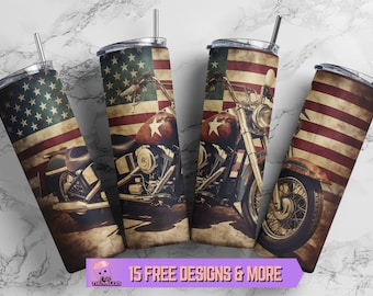 Motorcycle Patriotic 20 oz Skinny Tumbler Sublimation Design, American Flag Tumbler Wrap PNG Design Digital Download, 4th of July Tumbler