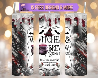 Witches Brew 20oz Skinny Tumbler Wrap, Diseño de sublimación de brillo de bruja Diseño de vaso de Halloween PNG Descarga digital, Vaso Hocus Pocus
