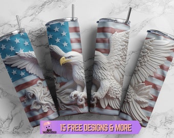Adler 3D Vaterland 20 Unze Skinny Tumbler Sublimation Design, Amerikanische Flagge Tumbler Wrap, 3D Adler PNG Digital Download, 4. Juli Tumbler