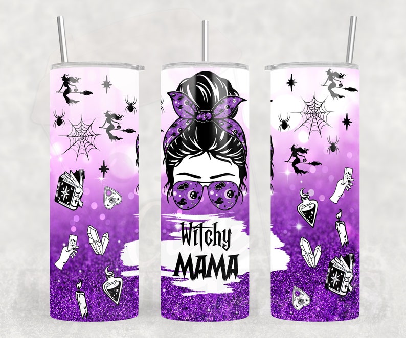 May include: A purple and white tumbler with a glittery background. The tumbler features a cartoon illustration of a woman with a bun in her hair wearing sunglasses and a bandana. The text "Witchy Mama" is written below the illustration.