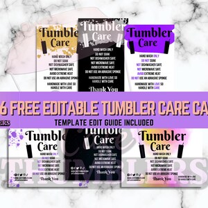 May include: Six free editable tumbler care cards with a purple and pink background. The cards have a watercolor design and feature the text "Tumbler Care" with instructions for hand washing and care. The text "6 Free Editable Tumbler Care Cards" is displayed in a banner across the top of the image.