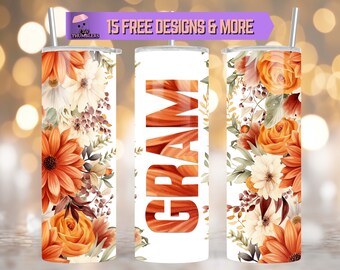 Floral Gramm 20 oz Skinny Becher Sublimation Design, Floral Oma Becher Wrap digitaler Download, Großmutter Becher Geschenk für Muttertag