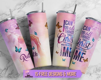 20 Unzen dünner Becher Christus stärkt mich PNG Becher Wrap, christlicher Bibelvers Zitat Becher Design, inspirierender Becher digitaler Download