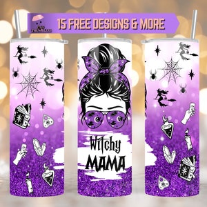 May include: A purple and white tumbler with a witchy mama design. The tumbler features a woman with a bun in her hair, wearing sunglasses and a bandana. The design also includes a variety of witchy elements, such as a cauldron, a crystal, and a spell book. The text "Witchy Mama" is printed on the tumbler.
