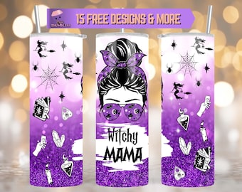 Witchy Mama 20oz skinny Tumbler Wrap, Messy Bun Witch Sublimation Design, Spooky Mom PNG Digital Download, Witch Halloween Tumbler
