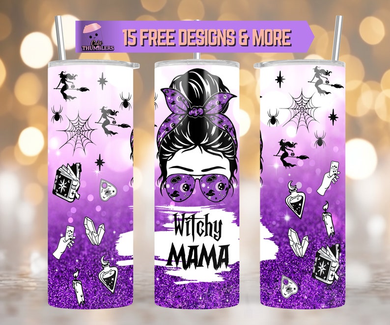 May include: A purple and white tumbler with a witchy mama design. The tumbler features a woman with a bun in her hair, wearing sunglasses and a bandana. The design also includes a variety of witchy elements, such as a cauldron, a crystal, and a spell book. The text "Witchy Mama" is printed on the tumbler.