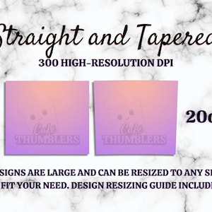 May include: Two digital designs for 20 oz straight and tapered tumblers. The designs feature a gradient background in shades of pink and orange with a cartoon cat holding a coffee cup. The text "Cafe Tumblers" is displayed on each design.