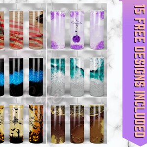 May include: Fifteen different designs for sublimation tumblers. The designs include a variety of themes, such as patriotic, glitter, ocean, and Halloween.