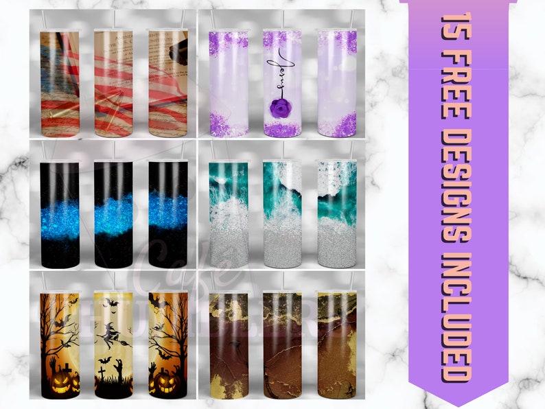 May include: Fifteen different designs for sublimation tumblers. The designs include a variety of themes, such as patriotic, glitter, ocean, and Halloween.