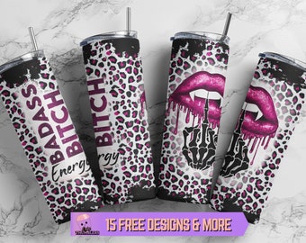 Badass Bitch Energy 20 oz Skinny Tumbler Sublimation Design,Sarcastic Adult Humor Tumbler Wrap Digital Download Funny Leopard Skull Tumbler