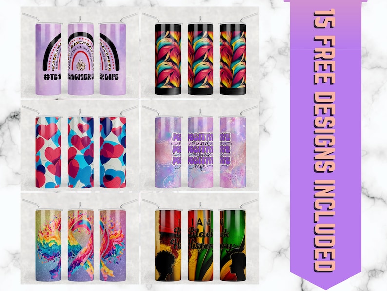 May include: Nine different designs for sublimation tumblers. The designs include rainbows, hearts, abstract patterns, and inspirational quotes. The tumblers are all stainless steel and have a straw.
