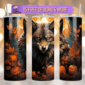 Wolf 20 oz Skinny Tumbler Wrap Sublimation Design, Wolf Horror Tumbler Wrap, Spooky Wolf Tumbler Design Digital Download, Halloween Tumbler