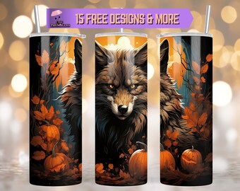 Wolf 20 oz Skinny Tumbler Wrap Diseño de sublimación, Wolf Horror Tumbler Wrap, Spooky Wolf Tumbler Design Descarga digital, Vaso de Halloween
