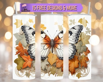 Diseño de sublimación de vaso flaco de mariposa de 20 oz, descarga digital de diseño de vaso de mariposa de otoño, envoltura de vaso de mariposa de otoño