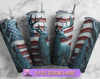 Hirsch 3D Pathric 20 Unze Skinny Tumbler Sublimation Design, Amerikanische Flagge Tumbler Wrap PNG Design Digital Sofortiger Download, 4. Juli Tumbler