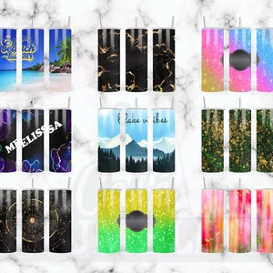 May include: Set of 12 sublimation tumblers with various designs. The designs include beach scenes, marble patterns, glitter, and abstract art. The tumblers are all the same size and shape, and they are all white.