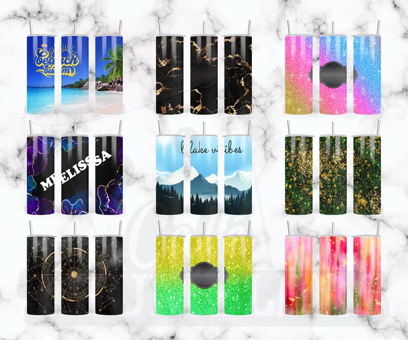 May include: Set of 12 sublimation tumblers with various designs. The designs include beach scenes, marble patterns, glitter, and abstract art. The tumblers are all the same size and shape, and they are all white.