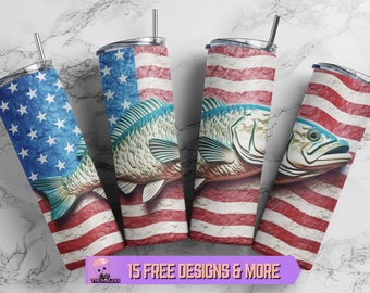 3D Bass Fish Vaterländischen 20 Unzen Skinny Tumbler Sublimation Design, Amerikanische Flagge Tumbler Wrap PNG Design Digitaler Download, 4. Juli Tumbler