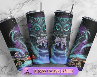 Envoltório de copo de Halloween para gato Cheshire, design de sublimação de copo de Alice no país das maravilhas, copo magro de gato 20 onças Arquivo PNG Baixar arquivo digital