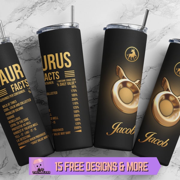 Taurus Zodiac Sign Nutrition Facts 20oz Skinny Tumbler Wrap PNG, Personalized Taurus Horoscope Tumbler Sublimation Design Digital Download