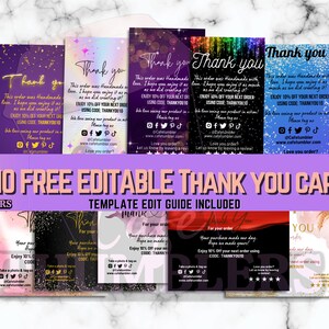 May include: Ten free editable thank you cards with a template edit guide included. The cards feature various colorful backgrounds with glitter and gold accents. The text on the cards includes "Thank you", "This order was handmade with love", "Enjoy 10% off your next order using code THANKYOU10", and "Love you order?"