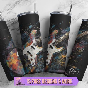 May include: Four black cylindrical tumblers with clear lids and metal straws, each featuring a colorful electric guitar graphic with paint splatter effects in blue, orange, and yellow. One tumbler includes the name Alexis in white script text.