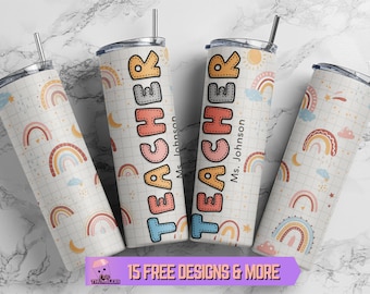 Teacher Custom Boho Rainbow 20 oz Skinny Tumbler Sublimation Design, Personalized Teacher Tumbler Wrap PNG Digital Instant Download