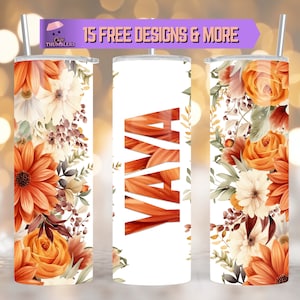 Yaya Floral 20 oz Skinny Tumbler Sublimation Design, Yaya Tumbler Gift, Boho Floral Tumbler Wrap Digital Download, Yaya Tumbler