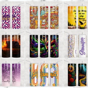 May include: A set of 18 different designs for 20 oz tumblers. The designs include a variety of themes, such as hearts, farm life, Mardi Gras, sunflowers, and inspirational quotes. The tumblers are all stainless steel and have a double-walled construction to keep drinks cold or hot for hours.