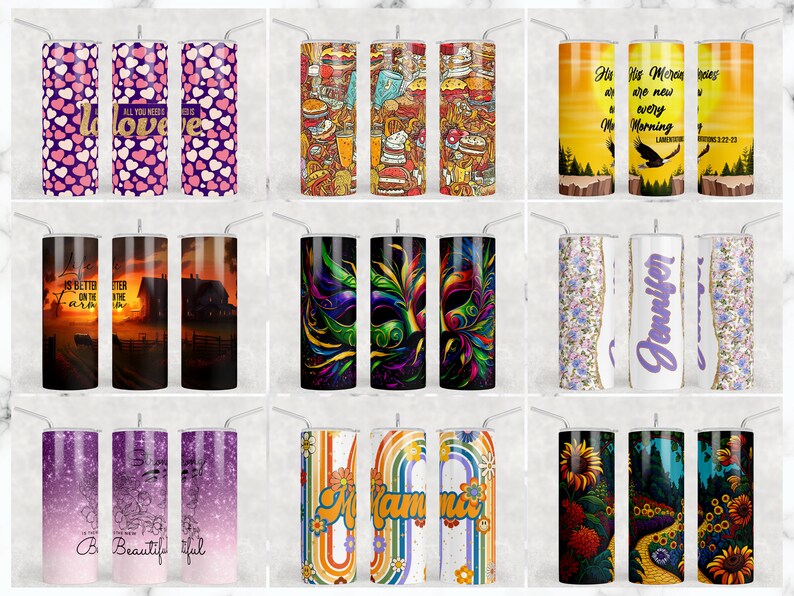 May include: A set of 18 different designs for 20 oz tumblers. The designs include a variety of themes, such as hearts, farm life, Mardi Gras, sunflowers, and inspirational quotes. The tumblers are all stainless steel and have a double-walled construction to keep drinks cold or hot for hours.
