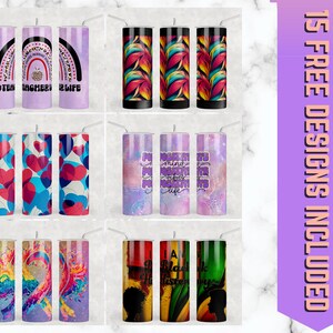 May include: Nine different designs for sublimation tumblers. The designs include rainbows, hearts, abstract patterns, and inspirational quotes. The tumblers are all stainless steel and have a white background.