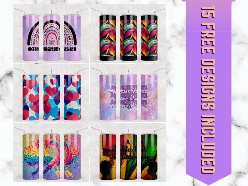 May include: Nine different designs for sublimation tumblers. The designs include rainbows, hearts, abstract patterns, and inspirational quotes. The tumblers are all stainless steel and have a white background.